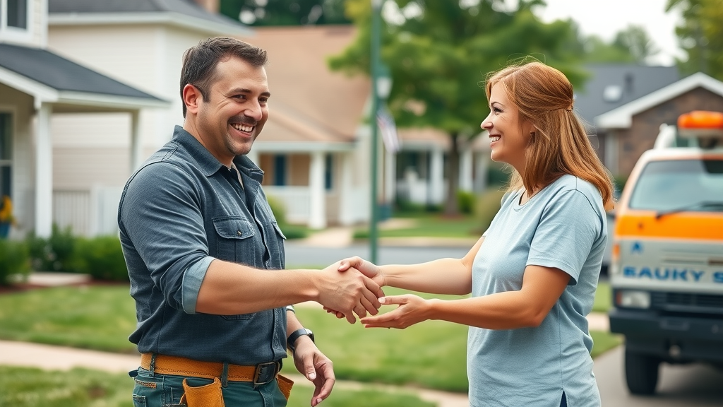 professional New Jersey home contractor shaking hands with a satisfied homeowner - targeted leads for NJ home contractors, suburban NJ neighborhood, work truck nearby