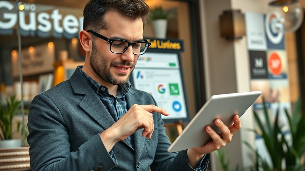 Business owner updating Google My Business listing, local SEO, search engine strategies, online presence