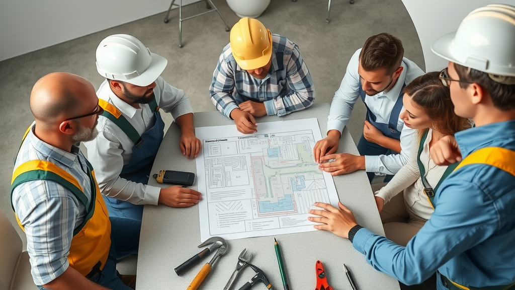 diverse contractors (electrician, plumber, landscaper) discussing site plans for lead sharing