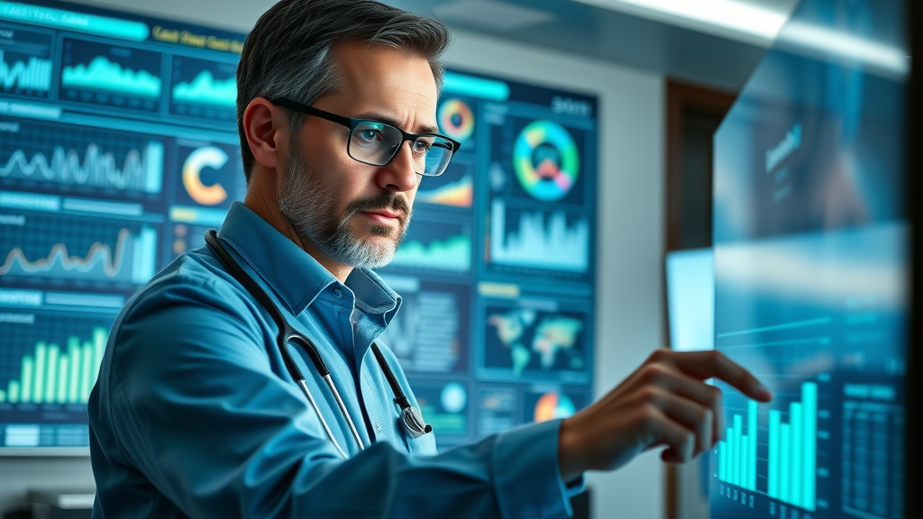 innovative telehealth data dashboard, focused analyst, examining real-time metrics and graphs, tech-driven healthcare office with virtual patient engagement screens