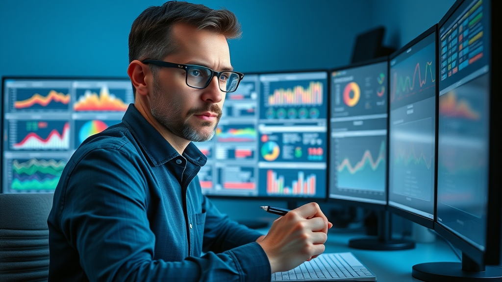 NJ HVAC and plumbing marketing specialist monitoring lead generation dashboard in modern office