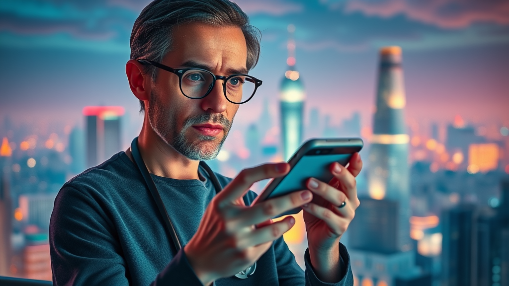 Therapist using voice search for marketing in cityscape background: symbolizing modern digital connectivity