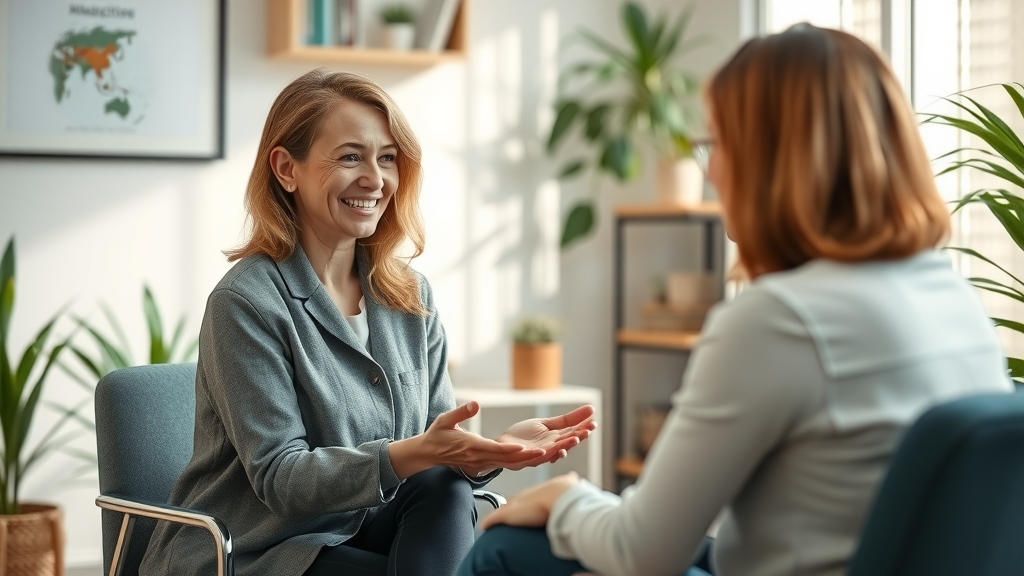 seo for therapy practices modern office, smiling therapist engaging with client in calm welcoming setting, plants bookshelf high fidelity daylight