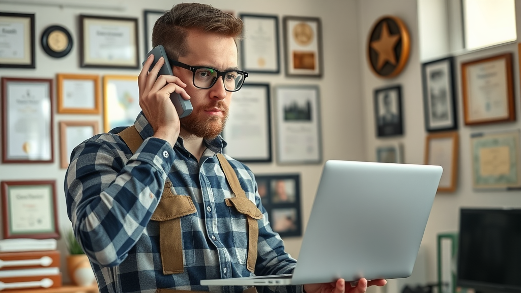 contractor multitasking: answering phone call about leads, reviewing sources on laptop