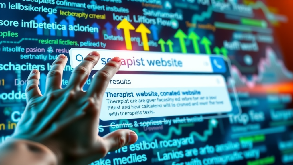 search engine results page showing therapy practice website at number one, vivid digital interface, keywords and clicks visuals