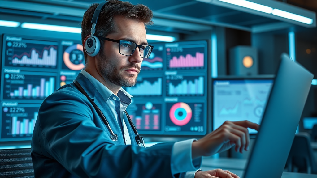 state-of-the-art healthcare marketing software interface, tech-savvy user, navigating digital tools dashboard, futuristic office with neon accents and digital screens
