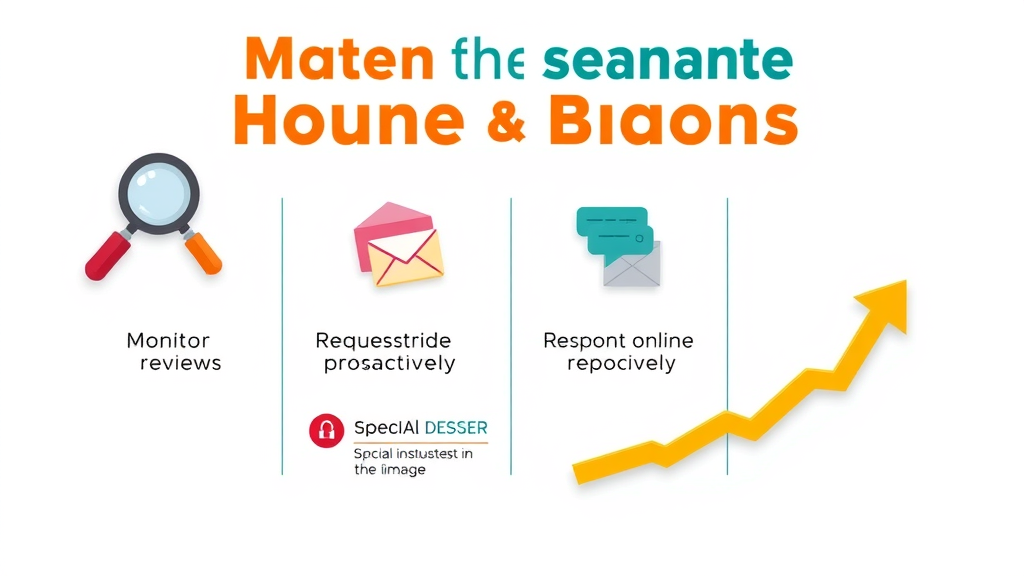 Four-step infographic showing reputation management process for NJ home services: monitoring reviews, requesting feedback, proactive response, growing online reputation
