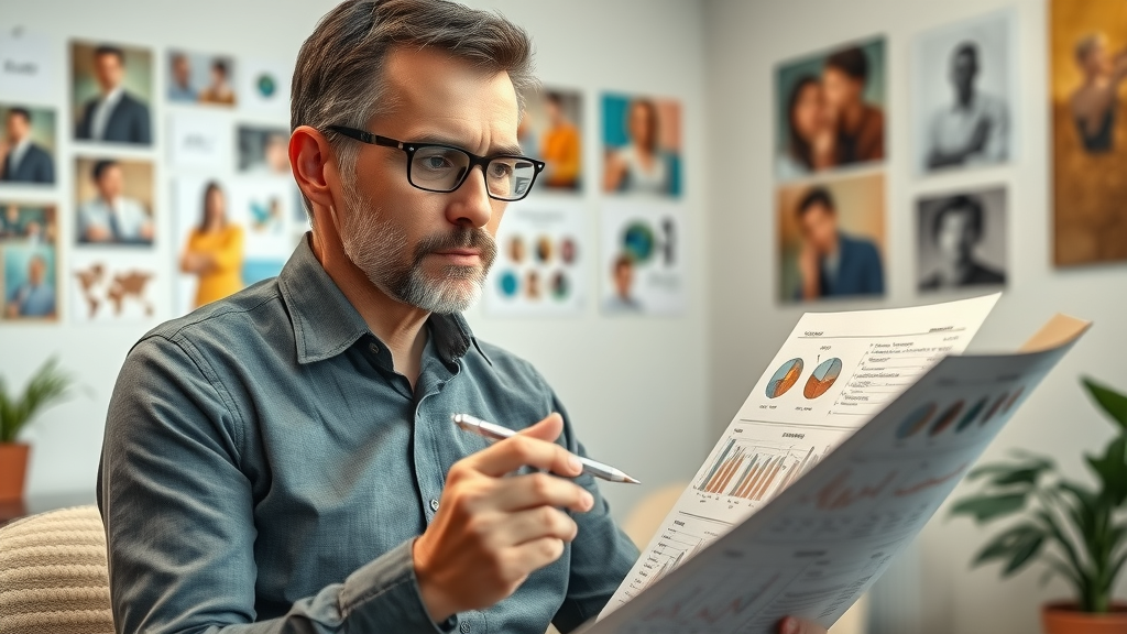 Marketing for therapists 2025: therapist analyzing client persona charts and demographics in bright office