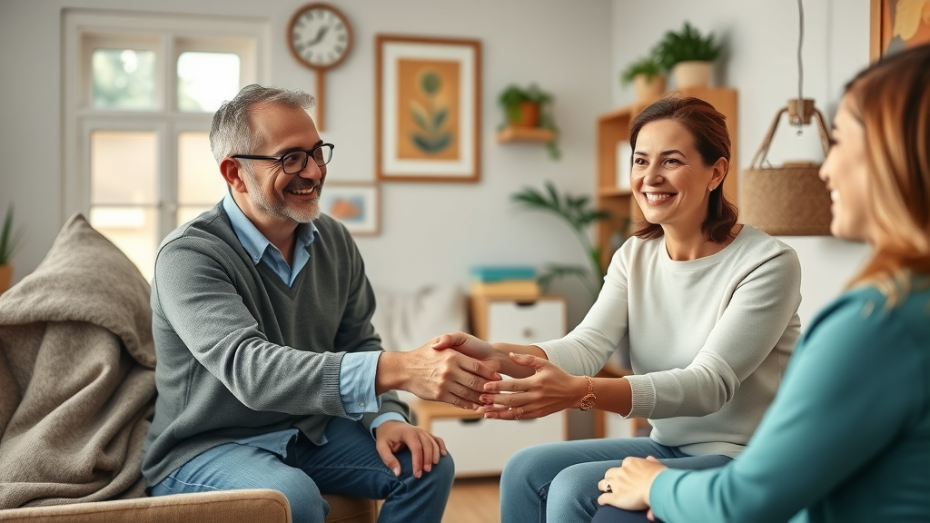 happy returning clients with therapist in a welcoming office