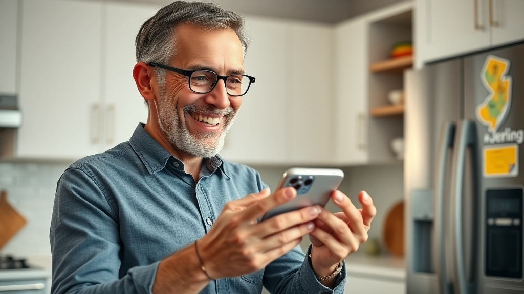 NJ home services marketing cheerful homeowner using smartphone to book home service, kitchen interior, NJ map magnet on fridge