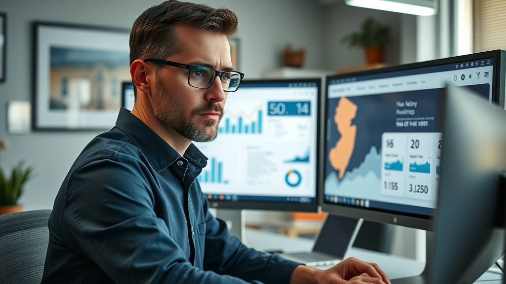 NJ home services marketing professional digital marketer analyzing local SEO dashboard with NJ map, keyword rankings, office with NJ-themed decor