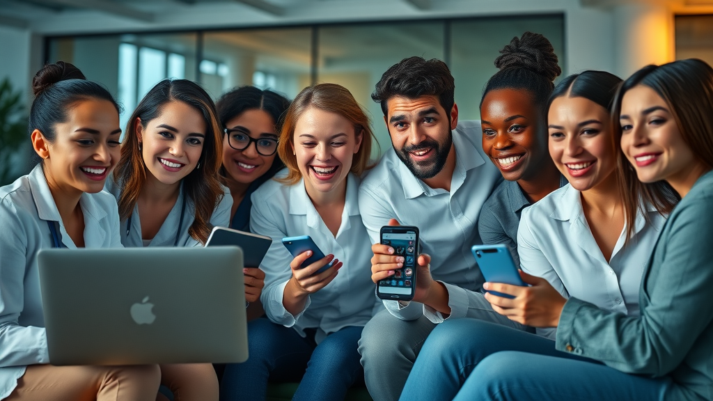 Group of therapists collaborating on social media marketing, social media for therapists, mental health digital marketing