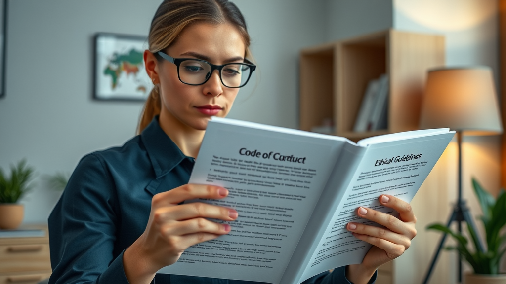 Ethical marketing for therapists: professional therapist reviewing ethical guidelines in neat, calming office