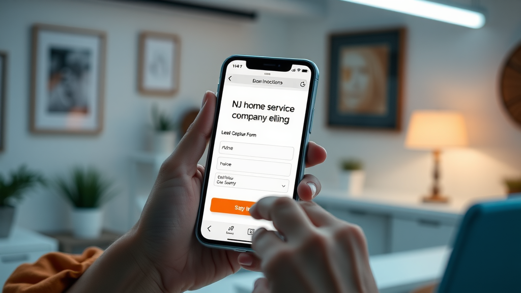 NJ home services marketing modern mobile phone showing home service website with lead capture form, user interacting, well-lit workspace, animated interface