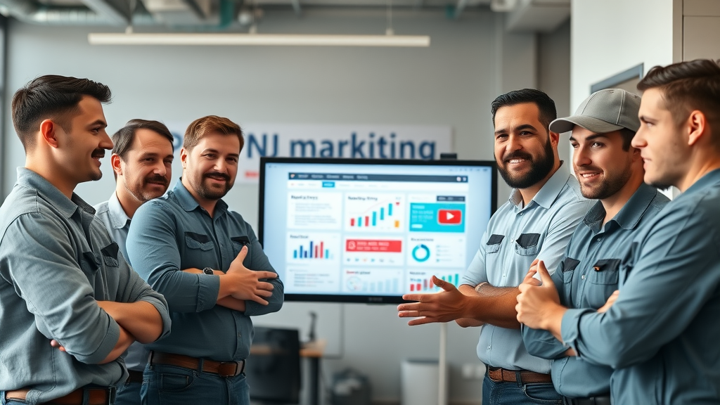 NJ plumbing and HVAC technicians collaborating on digital lead generation strategy, modern New Jersey office