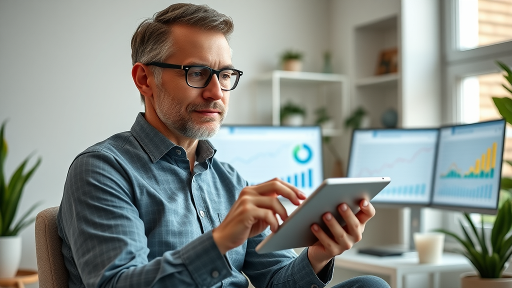 Contemporary therapist office with therapist analyzing digital marketing analytics, best marketing for therapists in 2025, growth charts on computer screens