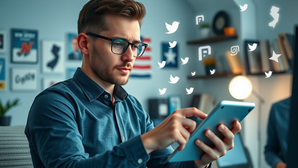 Energetic marketer managing multiple social media accounts, analyzing metrics for qualified leads in New Jersey